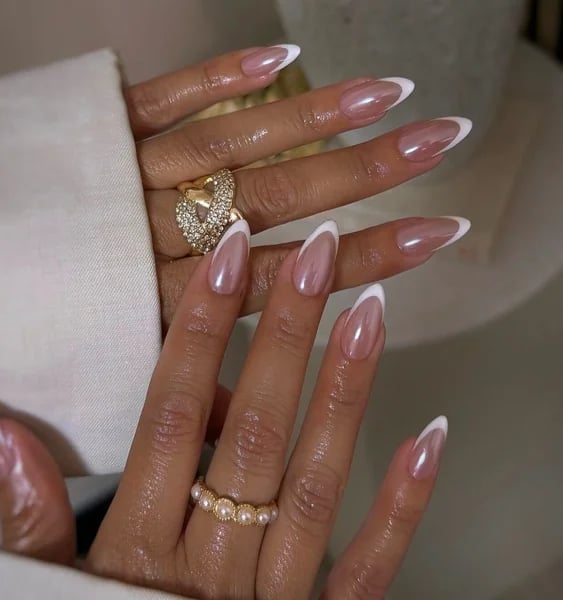Medium Almond Nails With Pearlescent White French Medium Almond Nails With Pearlescent White French — Simple Chrome French Tip Nails
