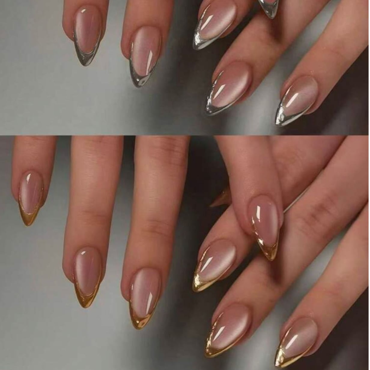 Medium Almond Nails With Dual Chrome French Tips and Sheer Nude Base Medium Almond Nails With Dual Chrome French Tips and Sheer Nude Base — Simple Chrome French Tip Nails