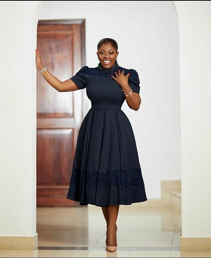 Navy Lace Trimmed Midi Dress with Puff Sleeves Navy Lace Trimmed Midi Dress with Puff Sleeves — Simple Church Dresses