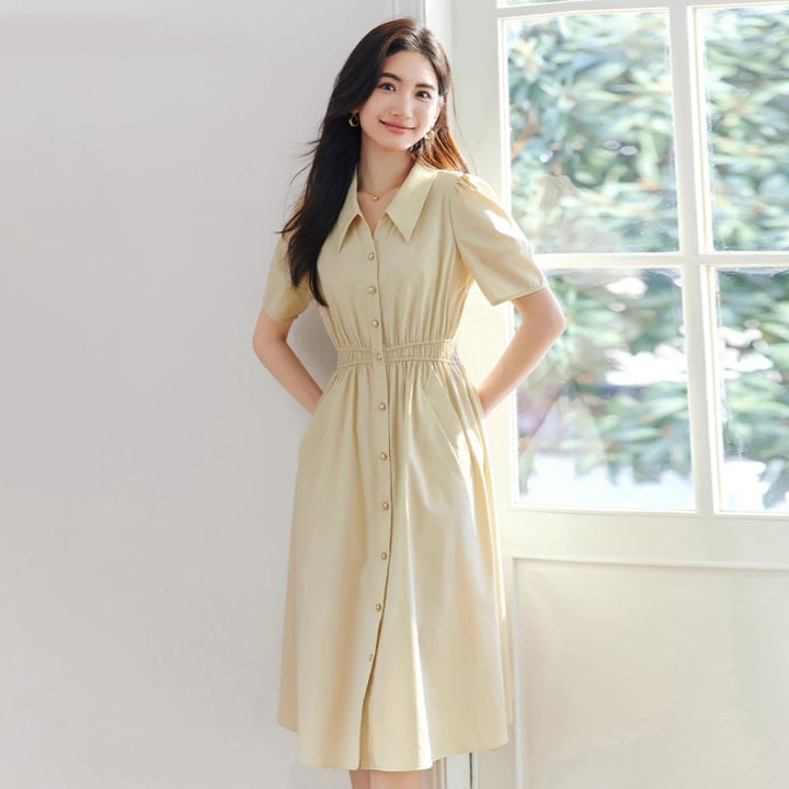 Beige Button-Front Polo Dress with Elasticated Waist Beige Button-Front Polo Dress with Elasticated Waist — Simple Church Dresses