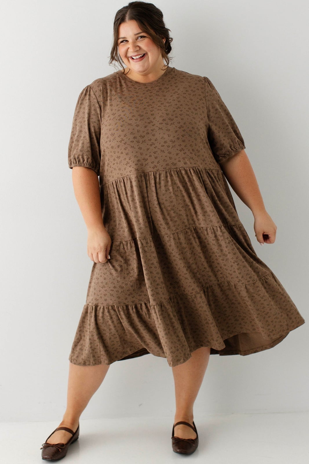 Brown Tiered Jersey Knit Midi Dress with Puff Sleeves Brown Tiered Jersey Knit Midi Dress with Puff Sleeves — Simple Church Dresses