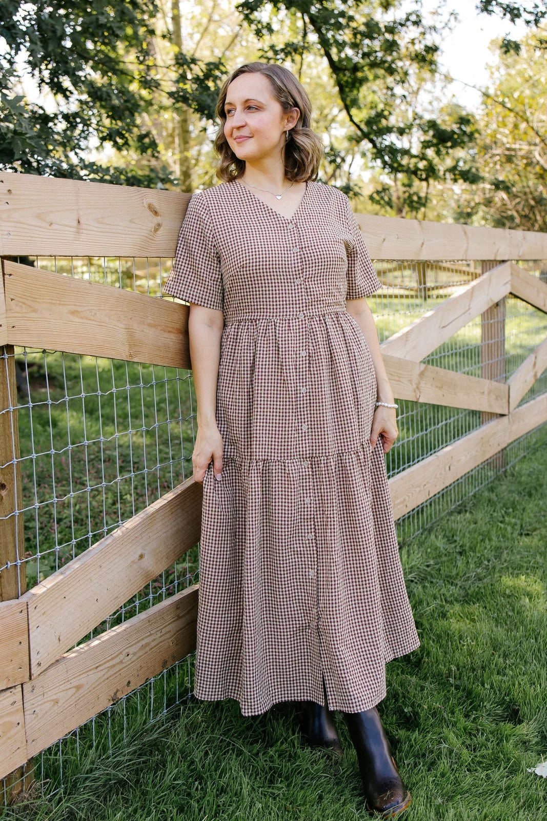 Brown and White Gingham Tiered Midi Dress Brown and White Gingham Tiered Midi Dress — Simple Church Dresses