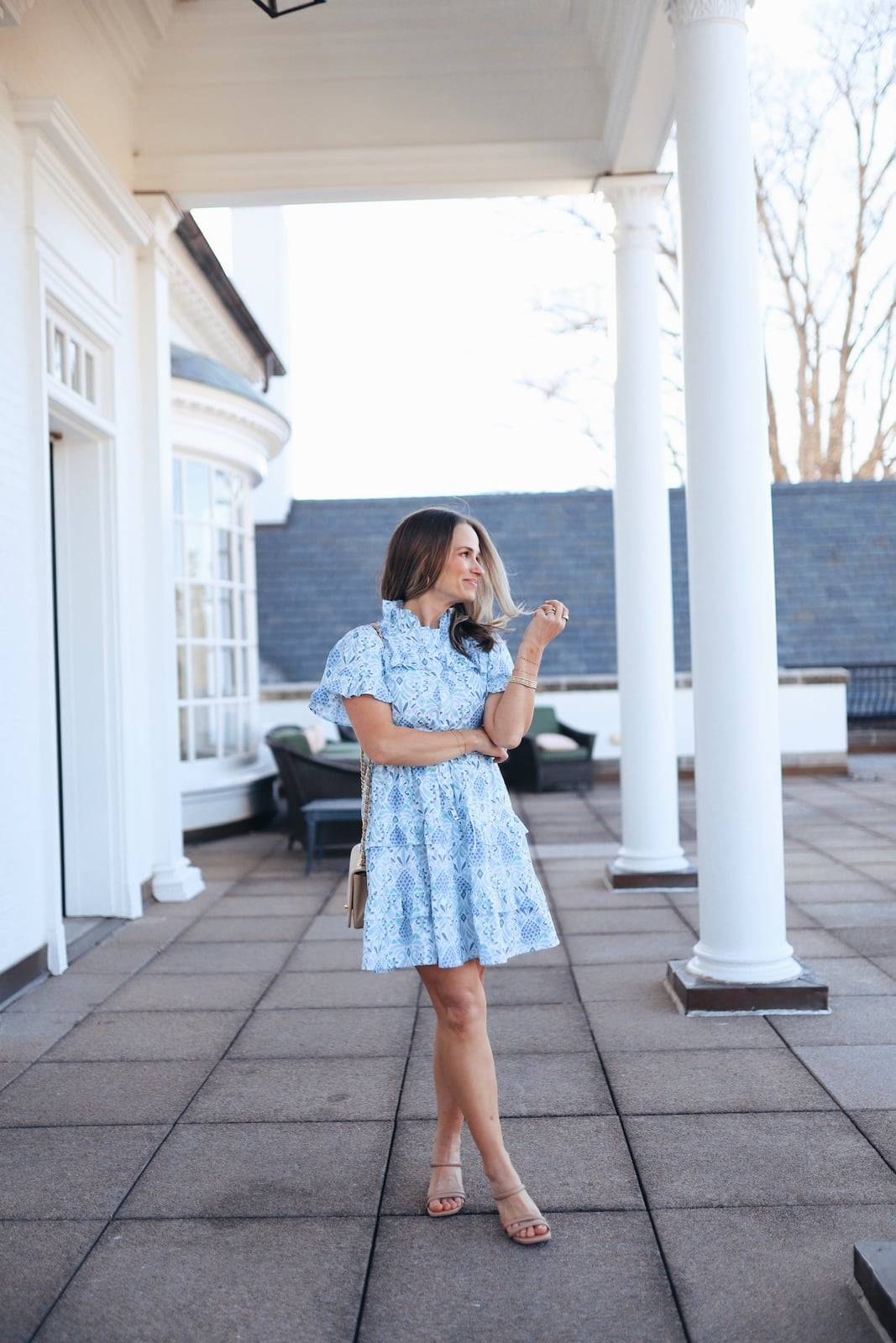 Blue and White Patterned A-Line Midi Dress With Nude Flat Sandals Blue and White Patterned A-Line Midi Dress With Nude Flat Sandals — Simple Church Dresses