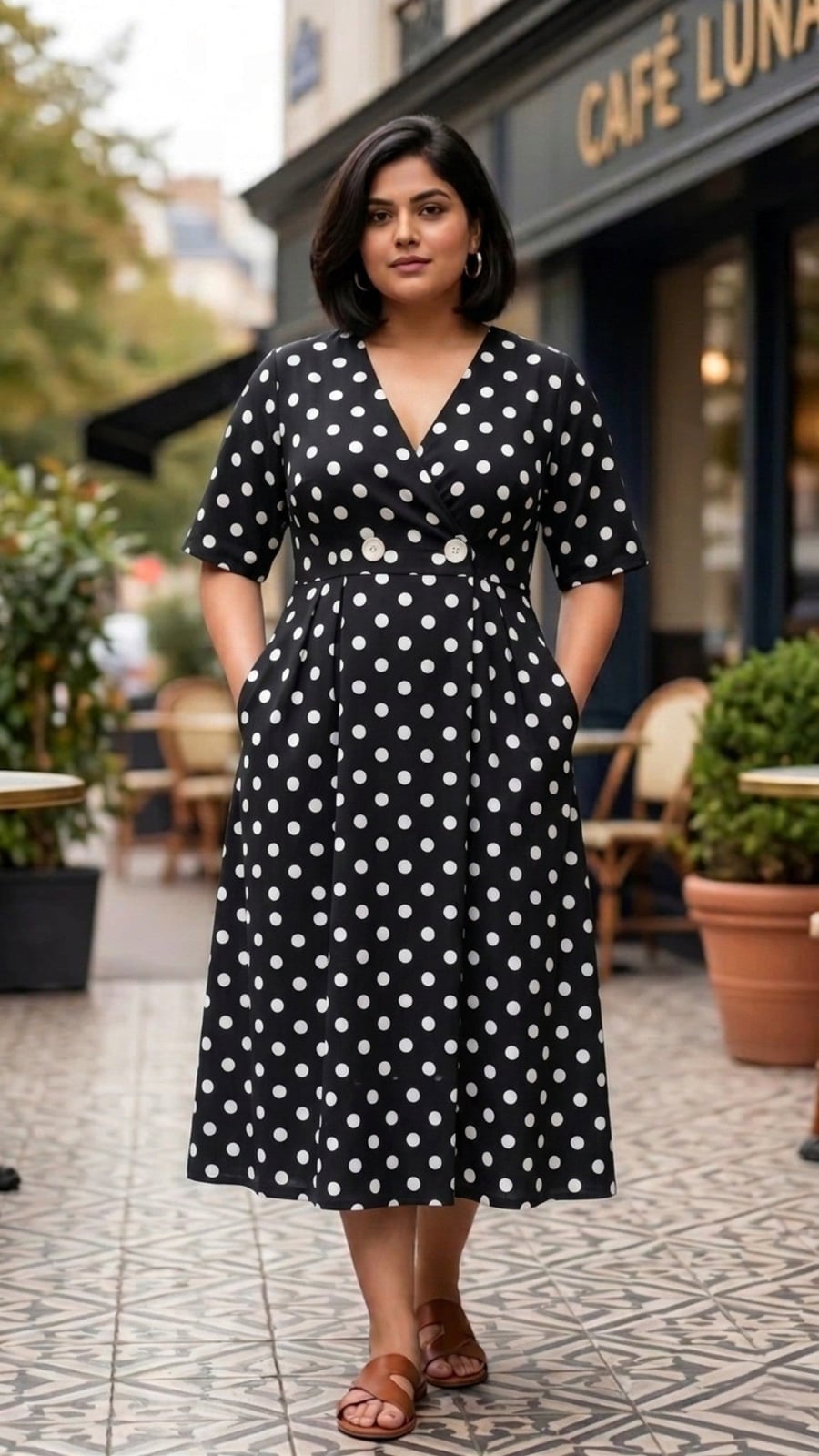 Black Polka Dot Midi Wrap Dress Black Polka Dot Midi Wrap Dress — Simple Church Dresses