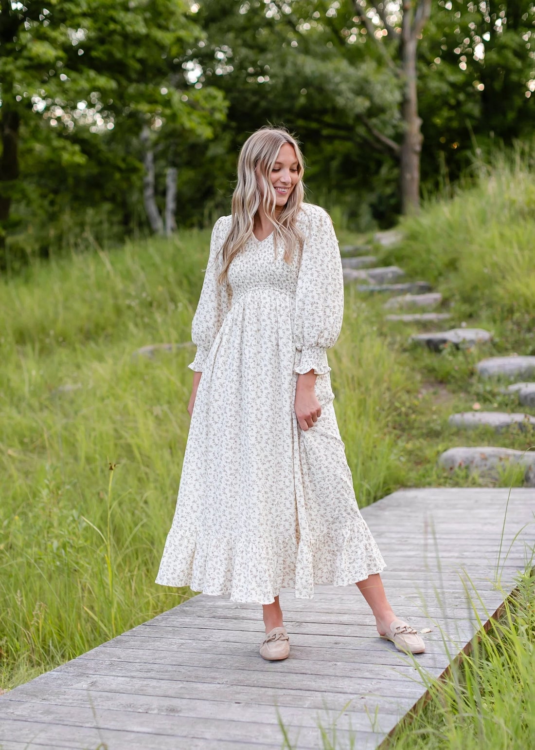 Cream Floral Print Midi Dress with Smocked Bodice Cream Floral Print Midi Dress with Smocked Bodice — Simple Church Dresses