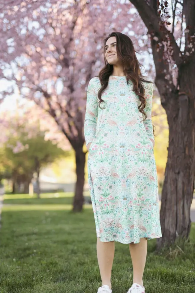 Mint Green Floral Midi Dress with Sneakers Mint Green Floral Midi Dress with Sneakers — Simple Church Dresses