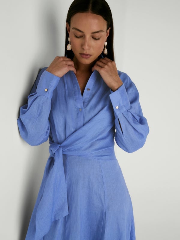 Cornflower Blue Linen Wrap Dress Cornflower Blue Linen Wrap Dress — Simple Church Dresses
