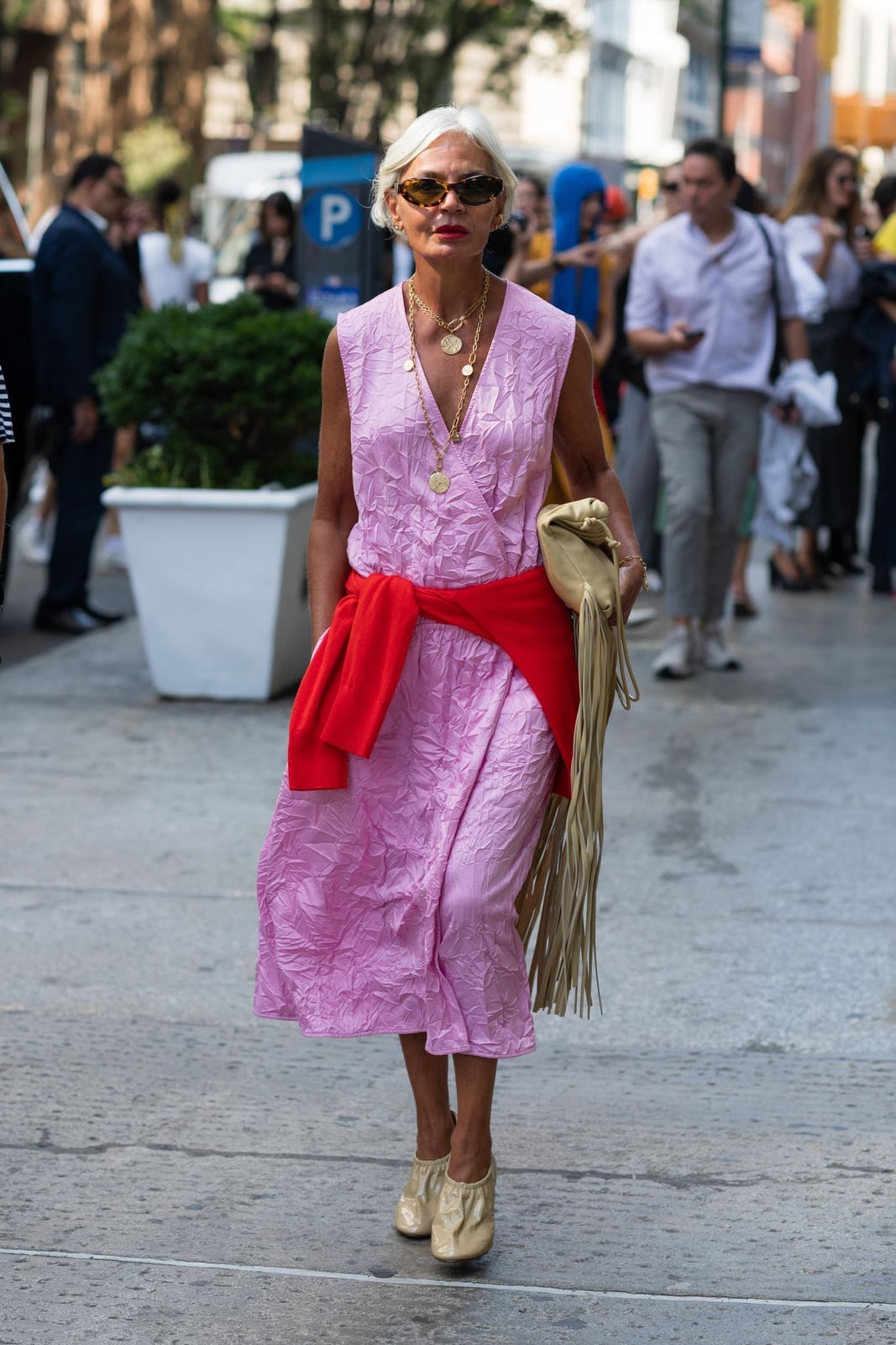 Pink Crinkled Midi Dress with Tied Sweater Pink Crinkled Midi Dress with Tied Sweater — Simple Church Dresses