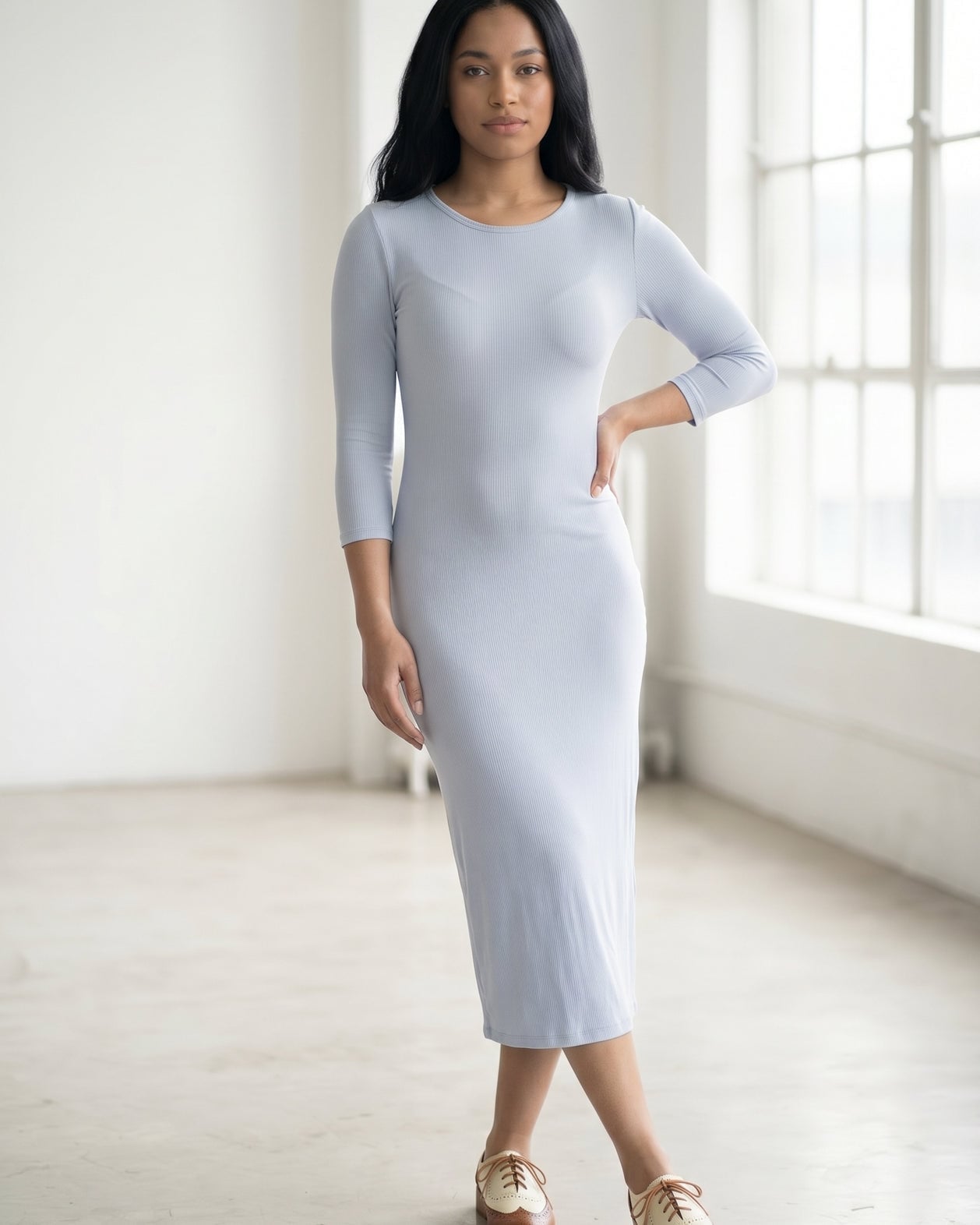 Light Blue Ribbed Knit Fitted Midi Dress With Oxford Shoes Light Blue Ribbed Knit Fitted Midi Dress With Oxford Shoes — Simple Church Dresses