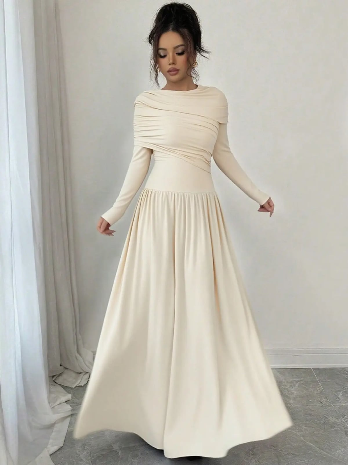 Cream Crepe Jersey Maxi Dress with Draped Neckline Cream Crepe Jersey Maxi Dress with Draped Neckline — Simple Church Dresses
