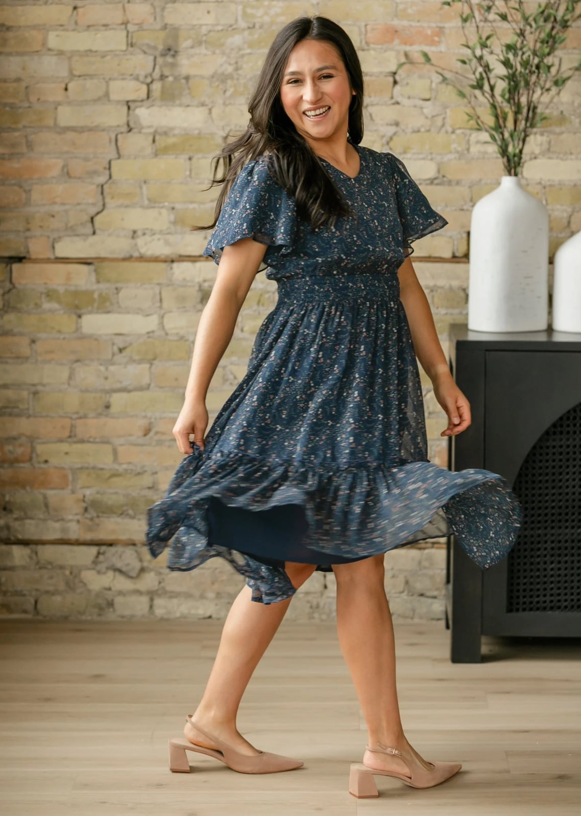 Dark Blue Floral Print Midi Dress with Flutter Sleeves Dark Blue Floral Print Midi Dress with Flutter Sleeves — Simple Church Dresses