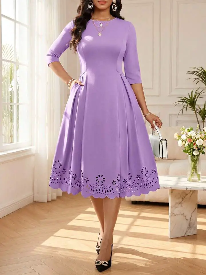 Purple Laser Cut Hem Midi Dress Purple Laser Cut Hem Midi Dress — Simple Church Dresses