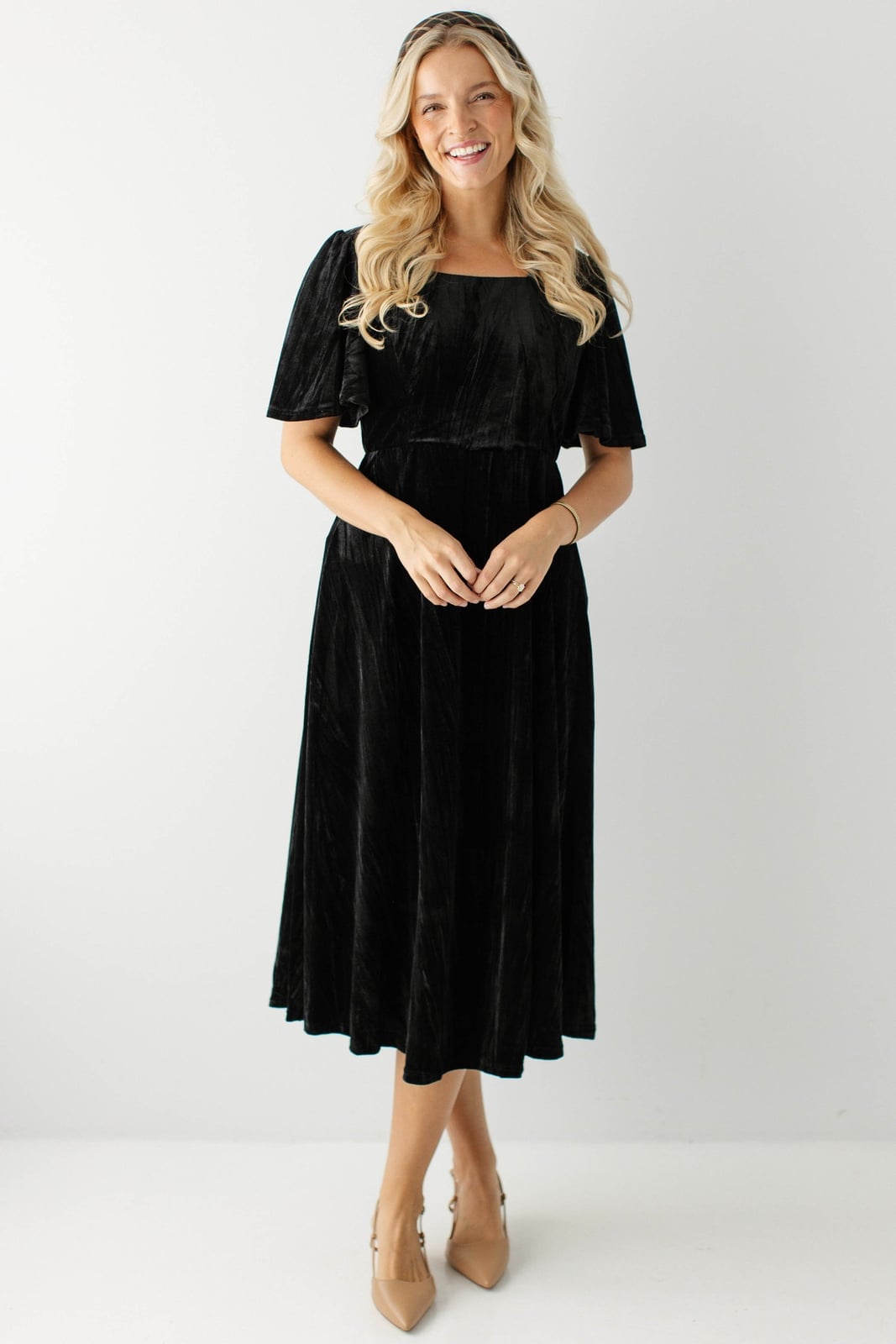 Black Velvet Midi Dress with Flutter Sleeves Black Velvet Midi Dress with Flutter Sleeves — Simple Church Dresses