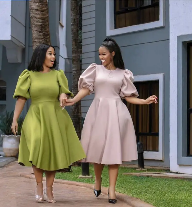 Olive Green and Blush Pink Puff Sleeve Midi Dresses Olive Green and Blush Pink Puff Sleeve Midi Dresses — Simple Church Dresses