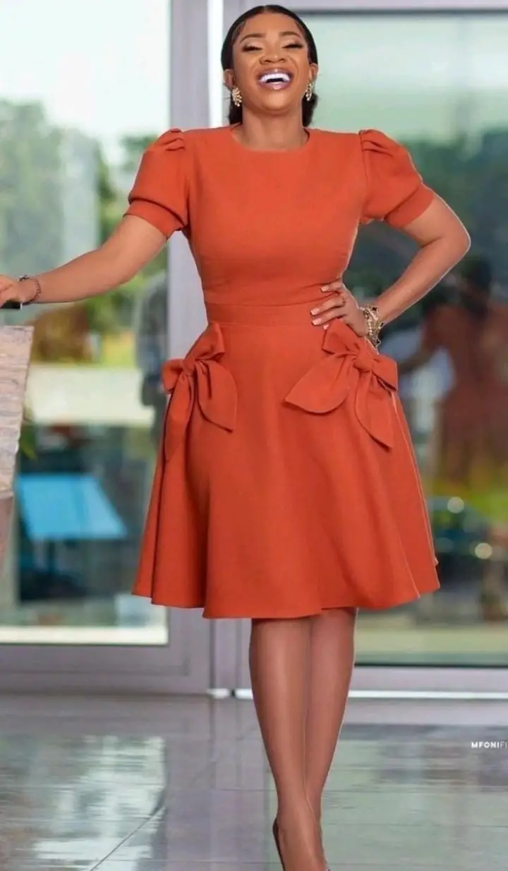 Burnt Orange Bow Detail Puff Sleeve Dress Burnt Orange Bow Detail Puff Sleeve Dress — Simple Church Dresses
