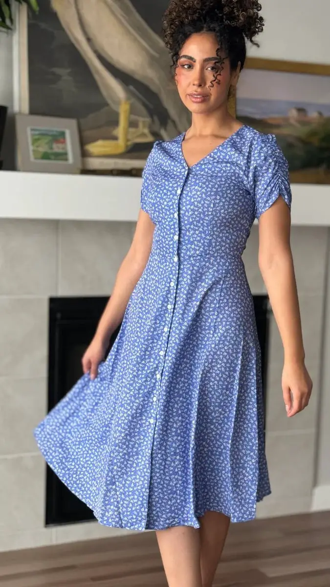 Blue and White Patterned Button-Front A-Line Dress Blue and White Patterned Button-Front A-Line Dress — Simple Church Dresses