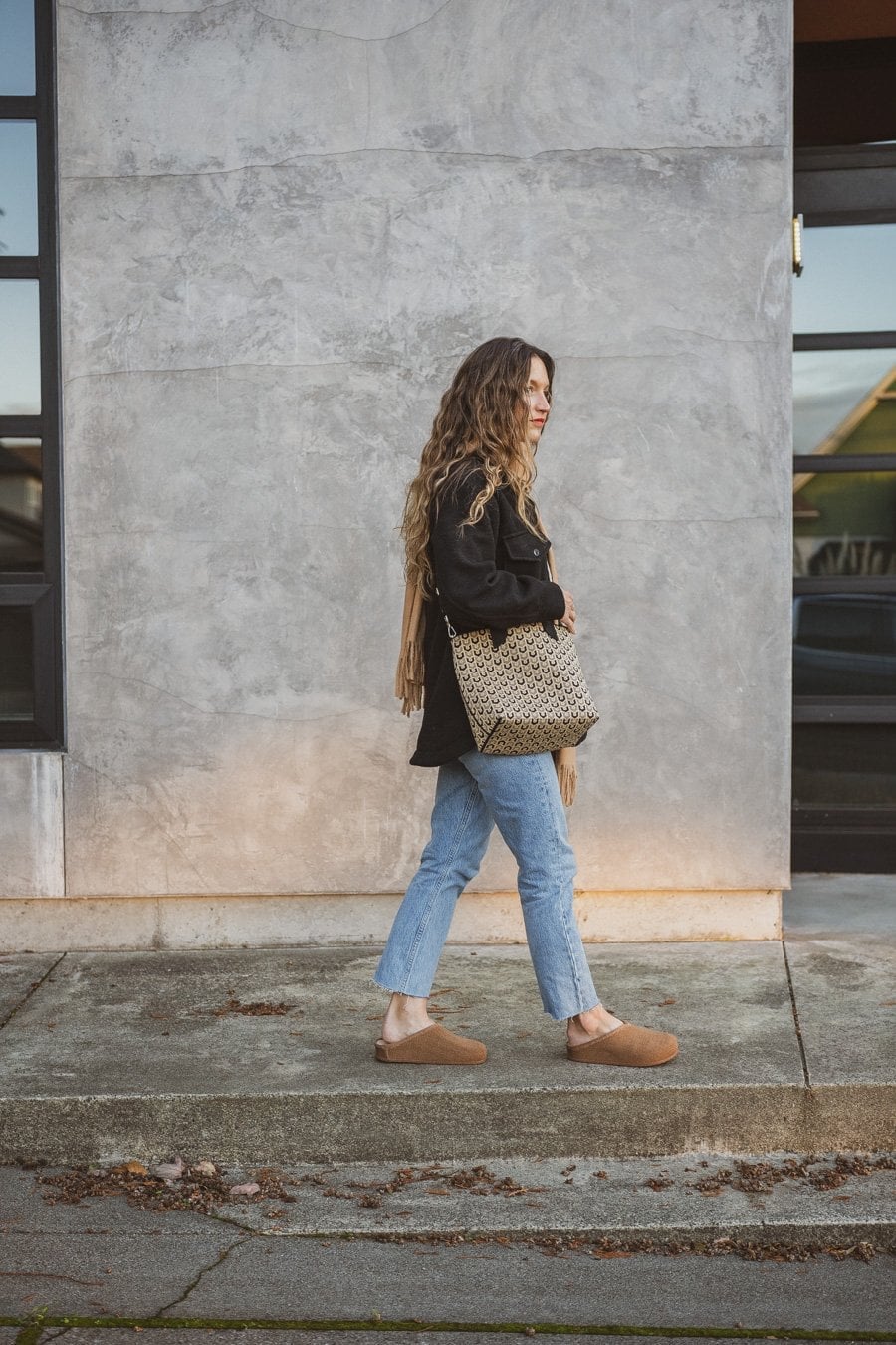 Brown Suede Clogs with Black Jacket and Straight-Leg, Close-Up Take Brown Suede Clogs with Black Jacket and Straight-Leg, Close-Up Take — Simple Clogs Outfits