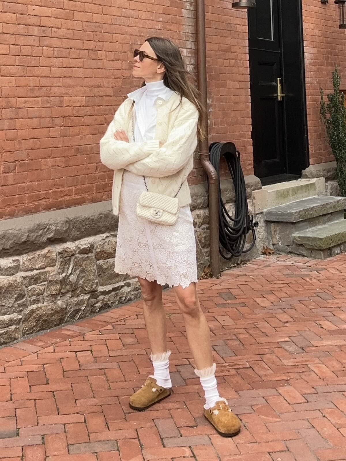 Tan Suede Clogs with Lace Trim Dress and Knit Cardigan Tan Suede Clogs with Lace Trim Dress and Knit Cardigan — Simple Clogs Outfits