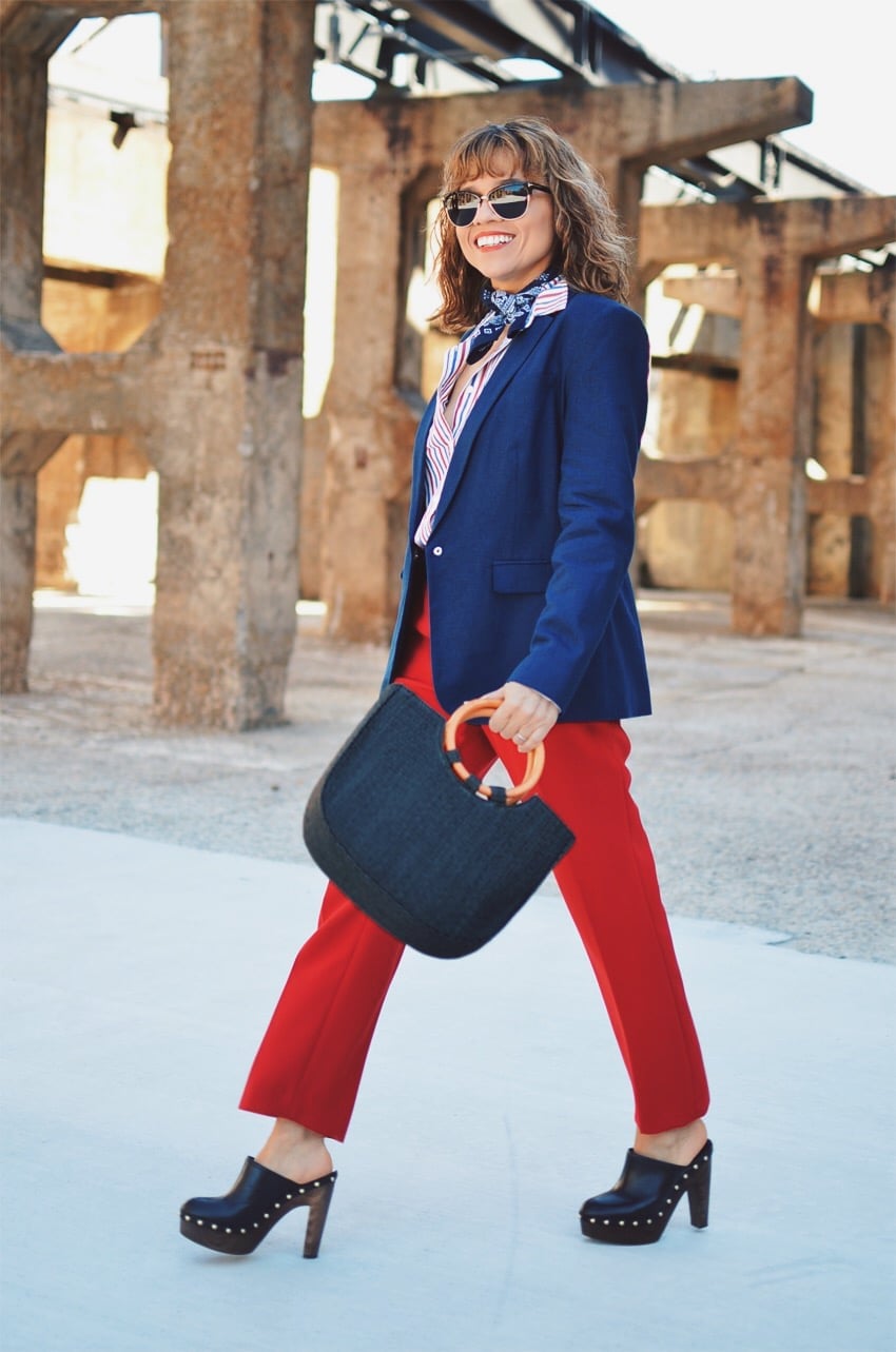 Black Studded Clogs with Red Trousers and Navy Blazer Black Studded Clogs with Red Trousers and Navy Blazer — Simple Clogs Outfits
