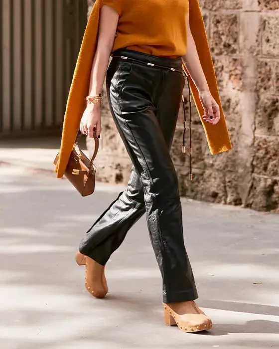 Tan Clogs with Studs and Black Leather Pants and Small Brown Handbag Tan Clogs with Studs and Black Leather Pants and Small Brown Handbag — Simple Clogs Outfits