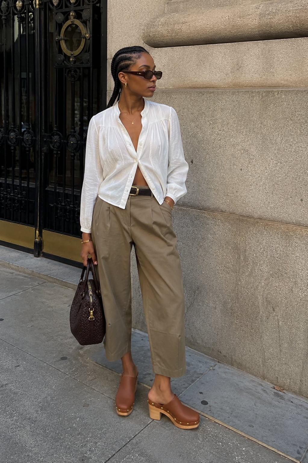 Olive Green Wide-Leg Trousers with Brown Clogs Olive Green Wide-Leg Trousers with Brown Clogs — Simple Clogs Outfits