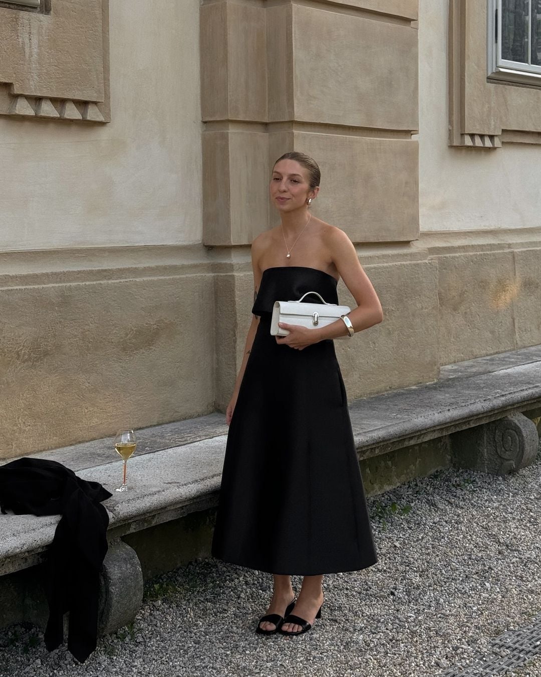 Black Strapless Midi Dress with Structured Flared Skirt Black Strapless Midi Dress with Structured Flared Skirt — Simple Cocktail Dresses Wedding Guest