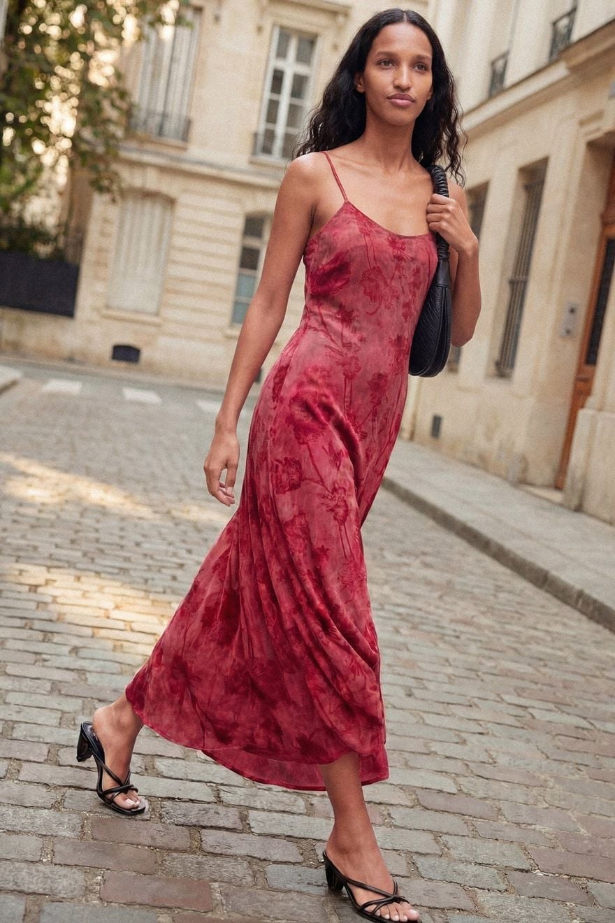 Red Floral Print Velvet Slip Dress with Bias Cut Red Floral Print Velvet Slip Dress with Bias Cut — Simple Cocktail Dresses Wedding Guest