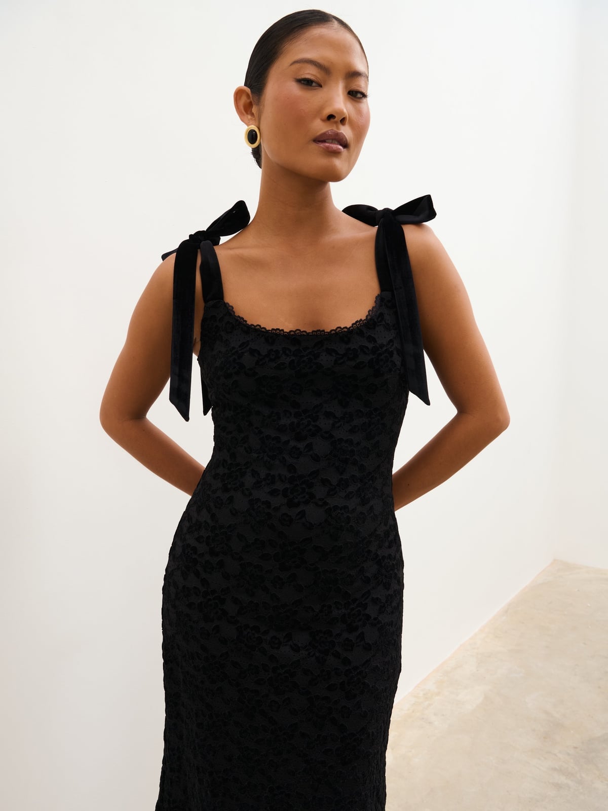 Black Lace Midi Dress with Velvet Ribbon Shoulder Ties Black Lace Midi Dress with Velvet Ribbon Shoulder Ties — Simple Cocktail Dresses Wedding Guest
