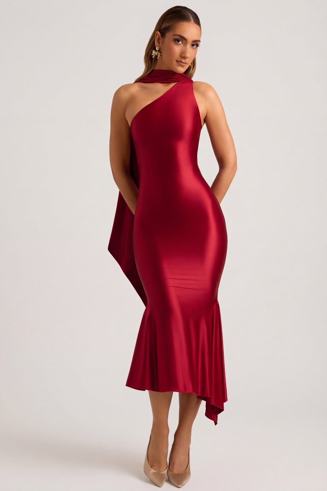 Red Liquid Satin One-Shoulder Dress with Draped Scarf Red Liquid Satin One-Shoulder Dress with Draped Scarf — Simple Cocktail Dresses Wedding Guest