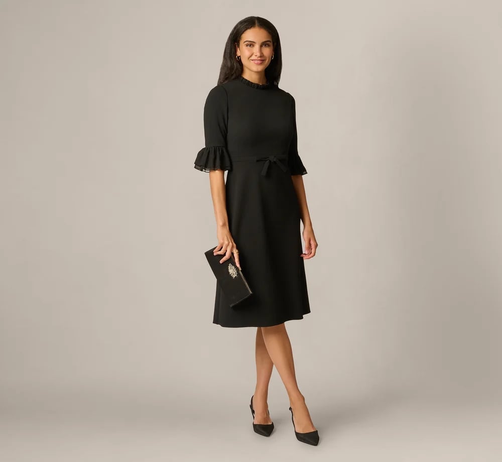 Black Fit and Flare Dress with Ruffled Neckline and Sheer Sleeves Black Fit and Flare Dress with Ruffled Neckline and Sheer Sleeves — Simple Cocktail Dresses Wedding Guest