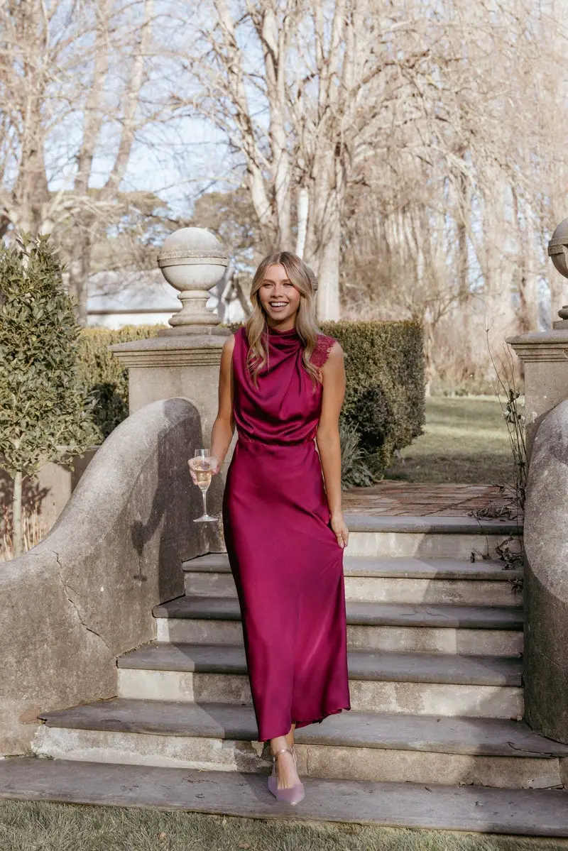 Deep Pink Satin Cowl Neck Maxi Dress with Lace Shoulder Detail Deep Pink Satin Cowl Neck Maxi Dress with Lace Shoulder Detail — Simple Cocktail Dresses Wedding Guest