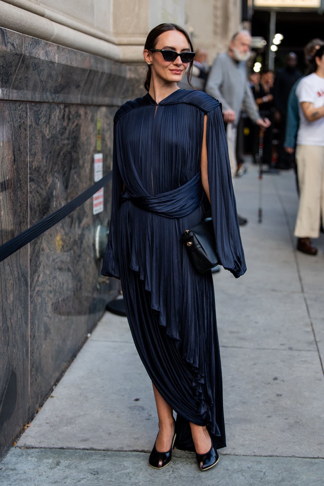 Midnight Blue Satin Dress with Dramatic Draping and Pleating Midnight Blue Satin Dress with Dramatic Draping and Pleating — Simple Cocktail Dresses Wedding Guest