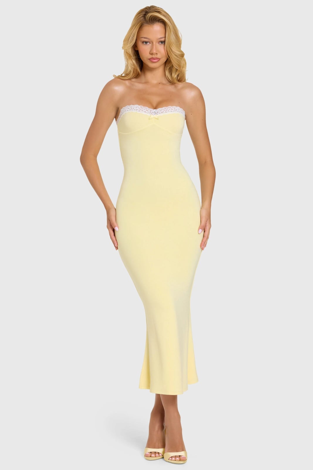 Pale Yellow Strapless Fishtail Dress with Lace Trim Pale Yellow Strapless Fishtail Dress with Lace Trim — Simple Cocktail Dresses Wedding Guest