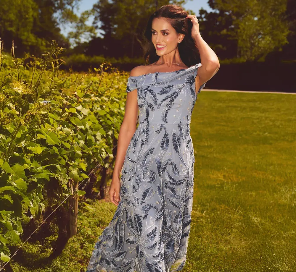 Blue Off-The-Shoulder Dress with Feather-Like Embroidery Blue Off-The-Shoulder Dress with Feather-Like Embroidery — Simple Cocktail Dresses Wedding Guest