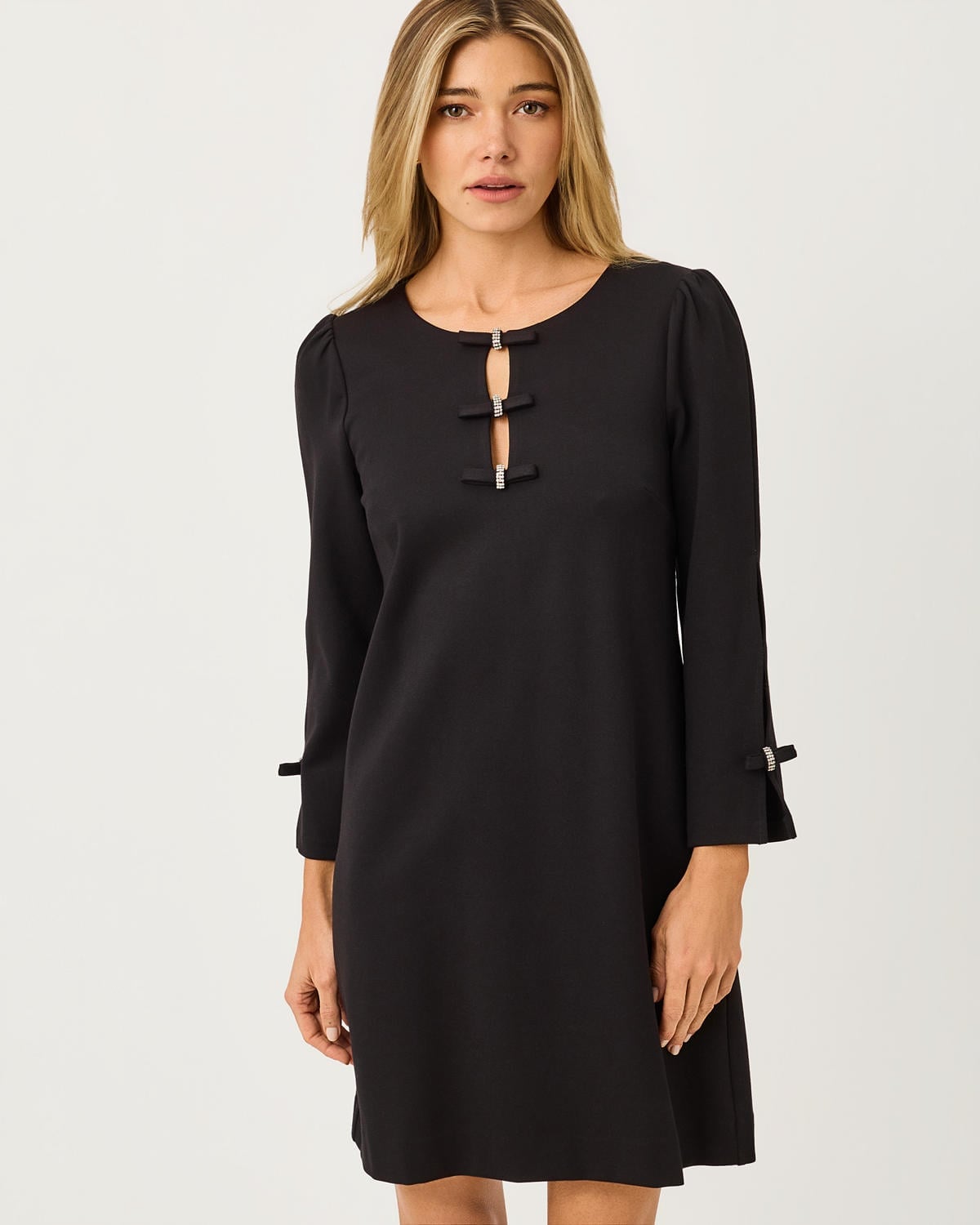 Black Shift Dress with Jeweled Keyhole Neckline and Cuffs Black Shift Dress with Jeweled Keyhole Neckline and Cuffs — Simple Cocktail Dresses Wedding Guest