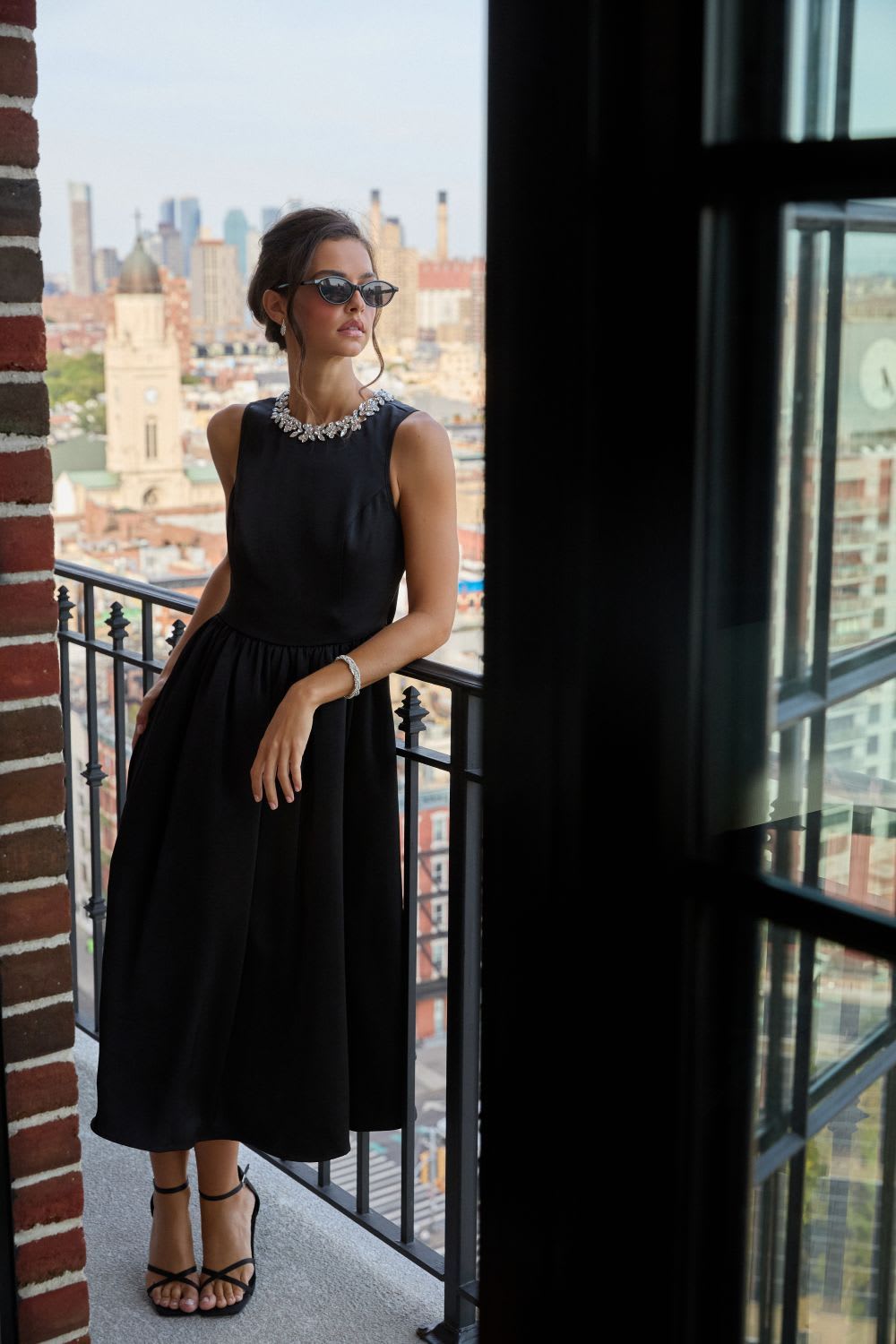 Black Midi Dress with Jeweled Neckline and Textured Fabric Black Midi Dress with Jeweled Neckline and Textured Fabric — Simple Cocktail Dresses Wedding Guest