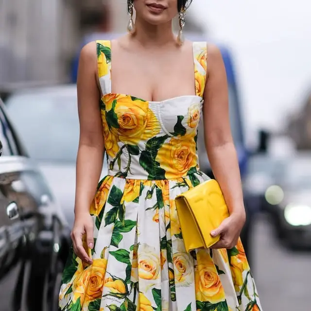 Yellow and White Floral Print Bustier Fit and Flare Dress Yellow and White Floral Print Bustier Fit and Flare Dress — Simple Cocktail Dresses Wedding Guest
