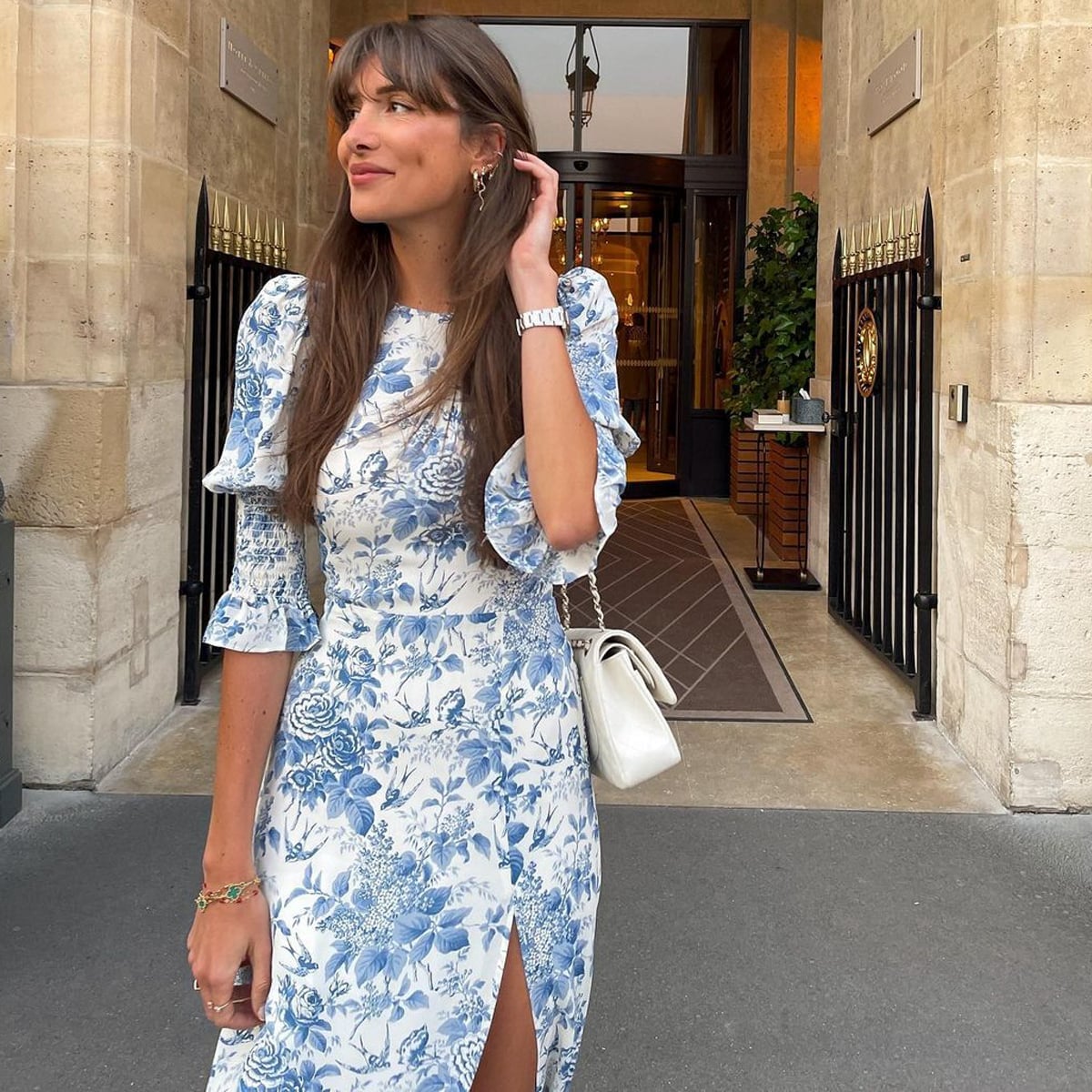 Blue and White Floral Print Midi Dress with Thigh-High Slit Blue and White Floral Print Midi Dress with Thigh-High Slit — Simple Cocktail Dresses Wedding Guest
