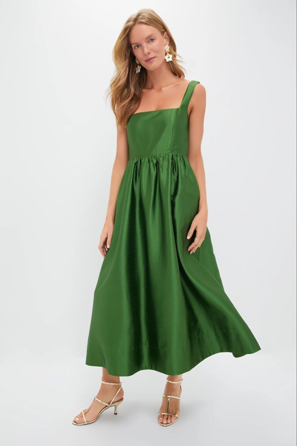 Emerald Green Satin Midi Dress with Gathered Full Skirt Emerald Green Satin Midi Dress with Gathered Full Skirt — Simple Cocktail Dresses Wedding Guest