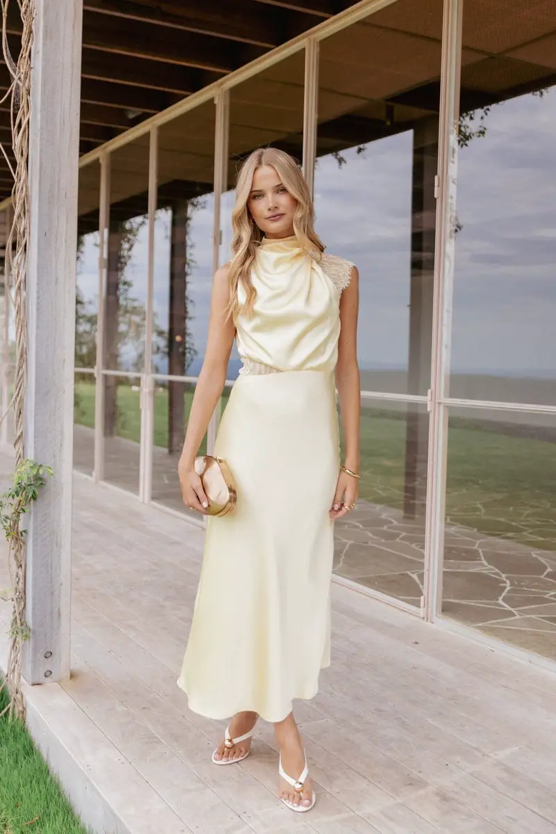 Pale Yellow Satin Midi Dress with Draped Cowl Neckline Pale Yellow Satin Midi Dress with Draped Cowl Neckline — Simple Cocktail Dresses Wedding Guest
