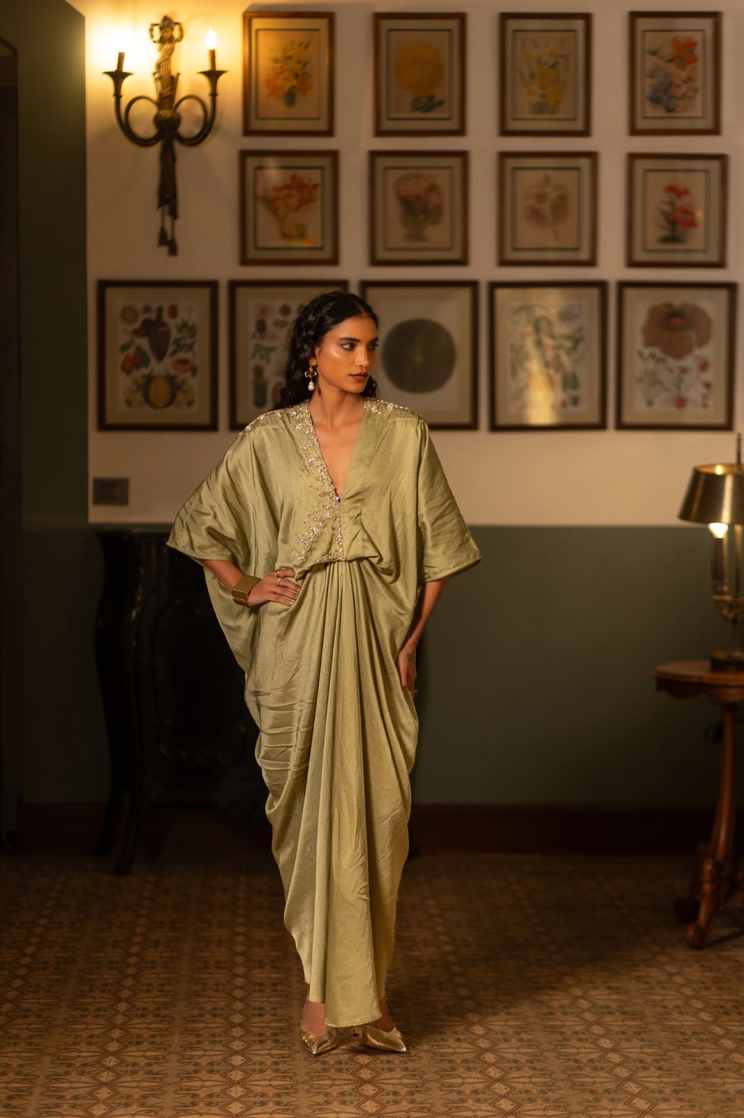 Sage Green Silk Kaftan Dress Sage Green Silk Kaftan Dress — Simple Cocktail Outfits