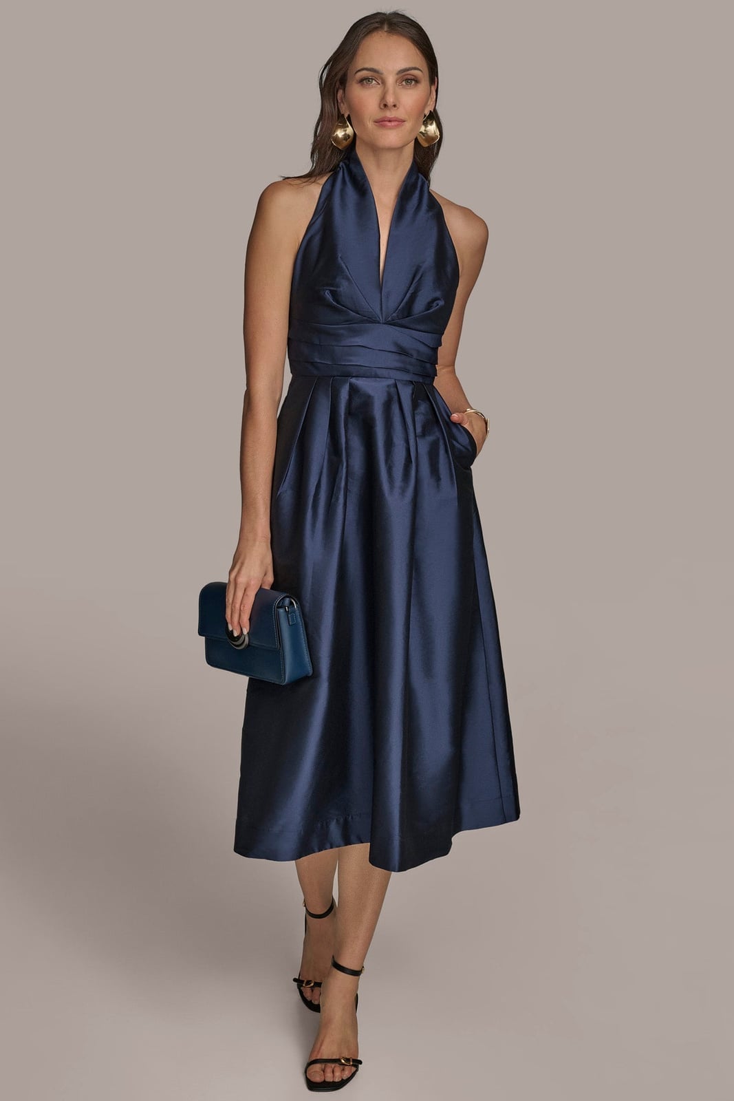 Navy Satin Halter Neck Fit and Flare Dress Navy Satin Halter Neck Fit and Flare Dress — Simple Cocktail Outfits