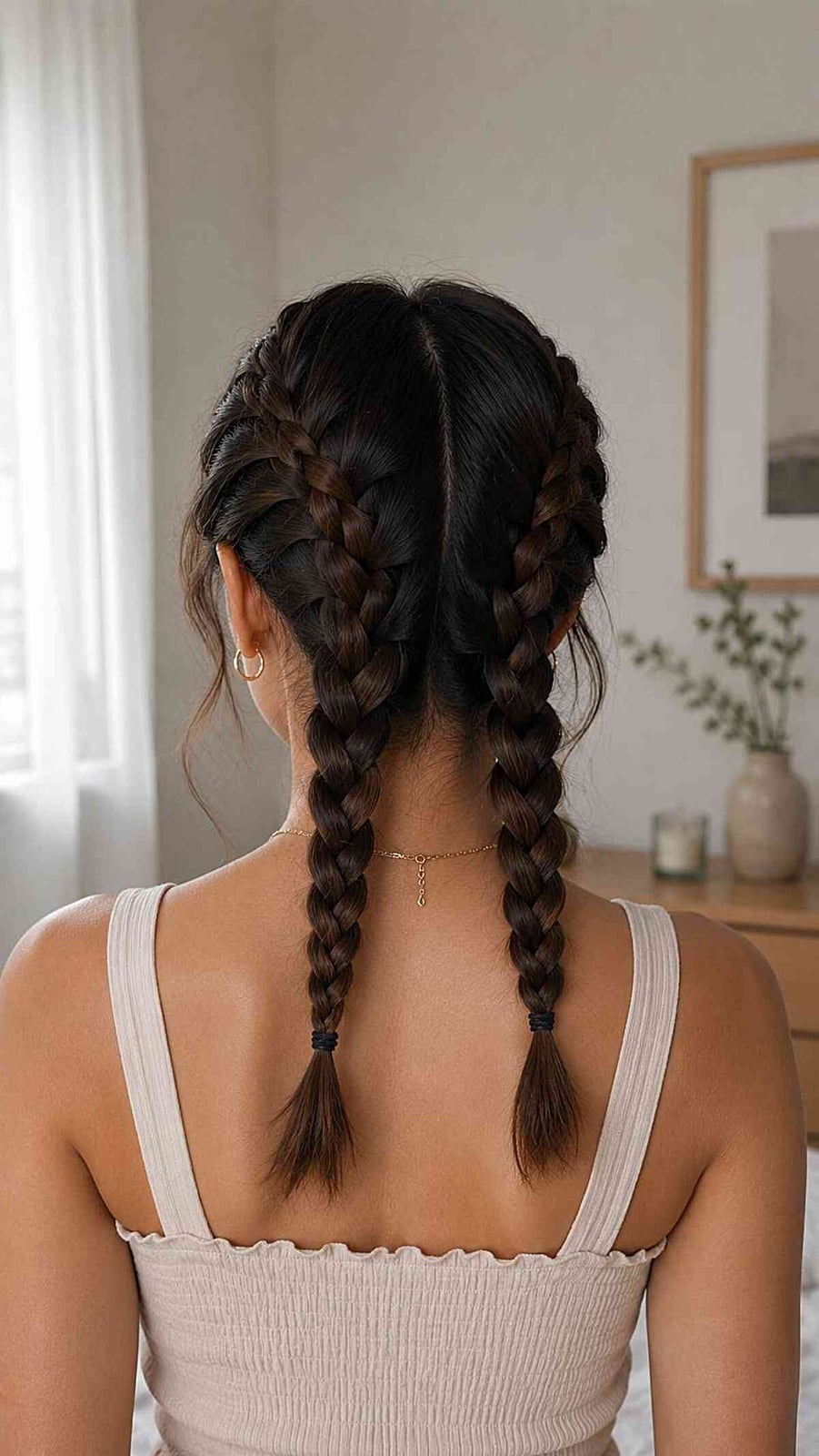 Two Dark Brown Dutch Braids To Mid-Back With Thick Texture Two Dark Brown Dutch Braids To Mid-Back With Thick Texture — Simple Color Braids