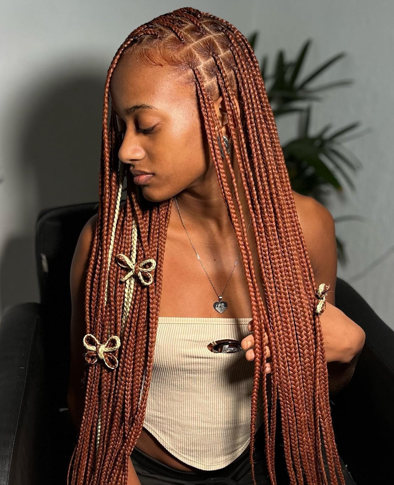 Mid-Back Copper Box Braids With Blonde Streaks Mid-Back Copper Box Braids With Blonde Streaks — Simple Color Braids