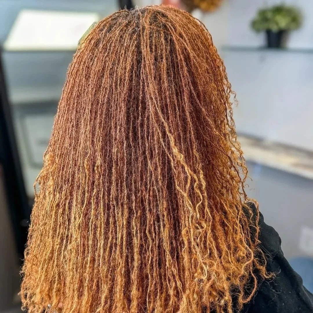 Mid-Back Microlocs With Copper Base And Blonde Highlights — Simple Color Locs