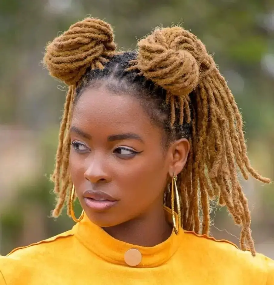 Shoulder Length Light Brown Locs In Space Buns — Simple Color Locs