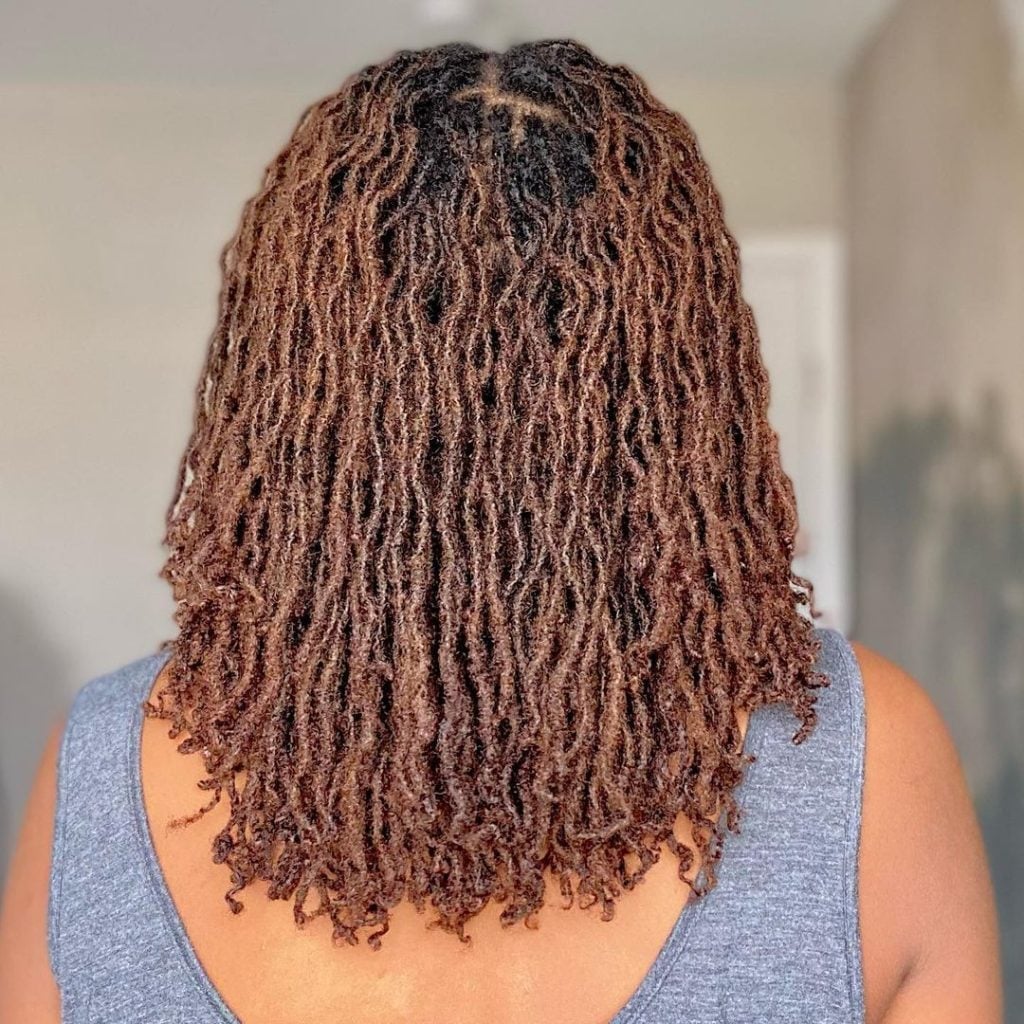 Collarbone Micro Locs With Lighter Brown Highlights — Simple Color Locs