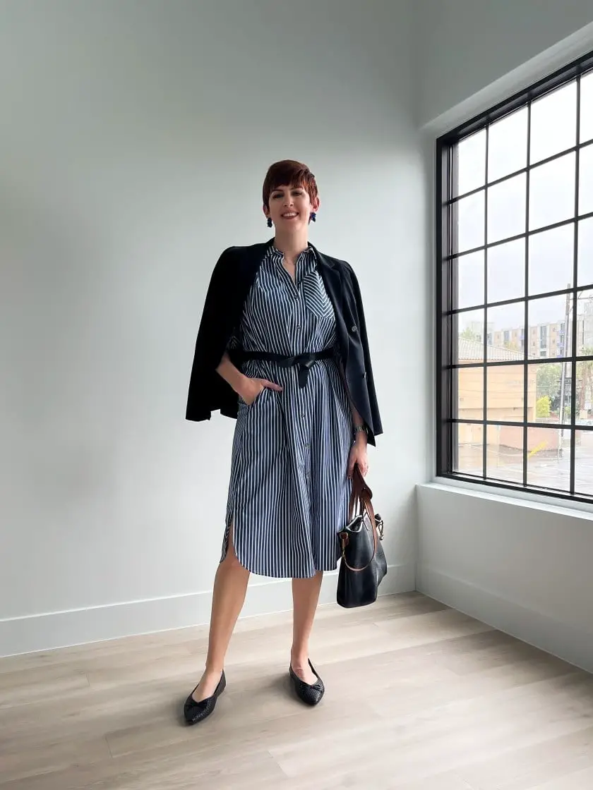Navy and White Striped Shirt Dress with Black Blazer Navy and White Striped Shirt Dress with Black Blazer — Simple Conference Outfits