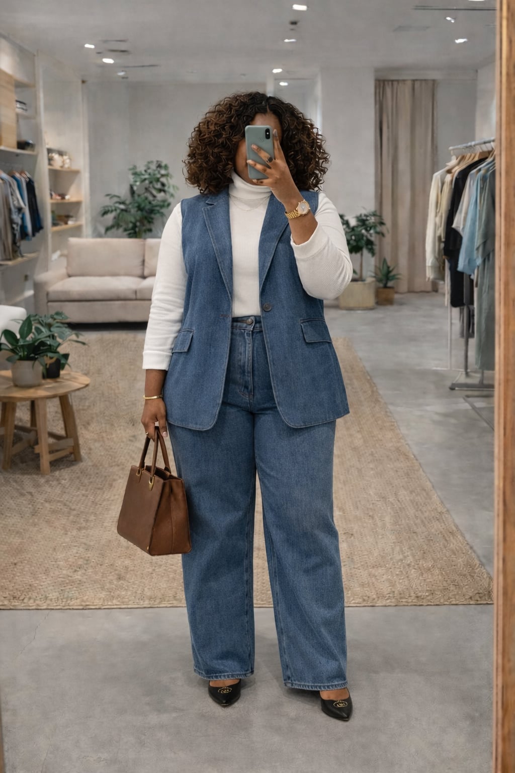 Denim Vest and Trousers with White Turtleneck Denim Vest and Trousers with White Turtleneck — Simple Conference Outfits
