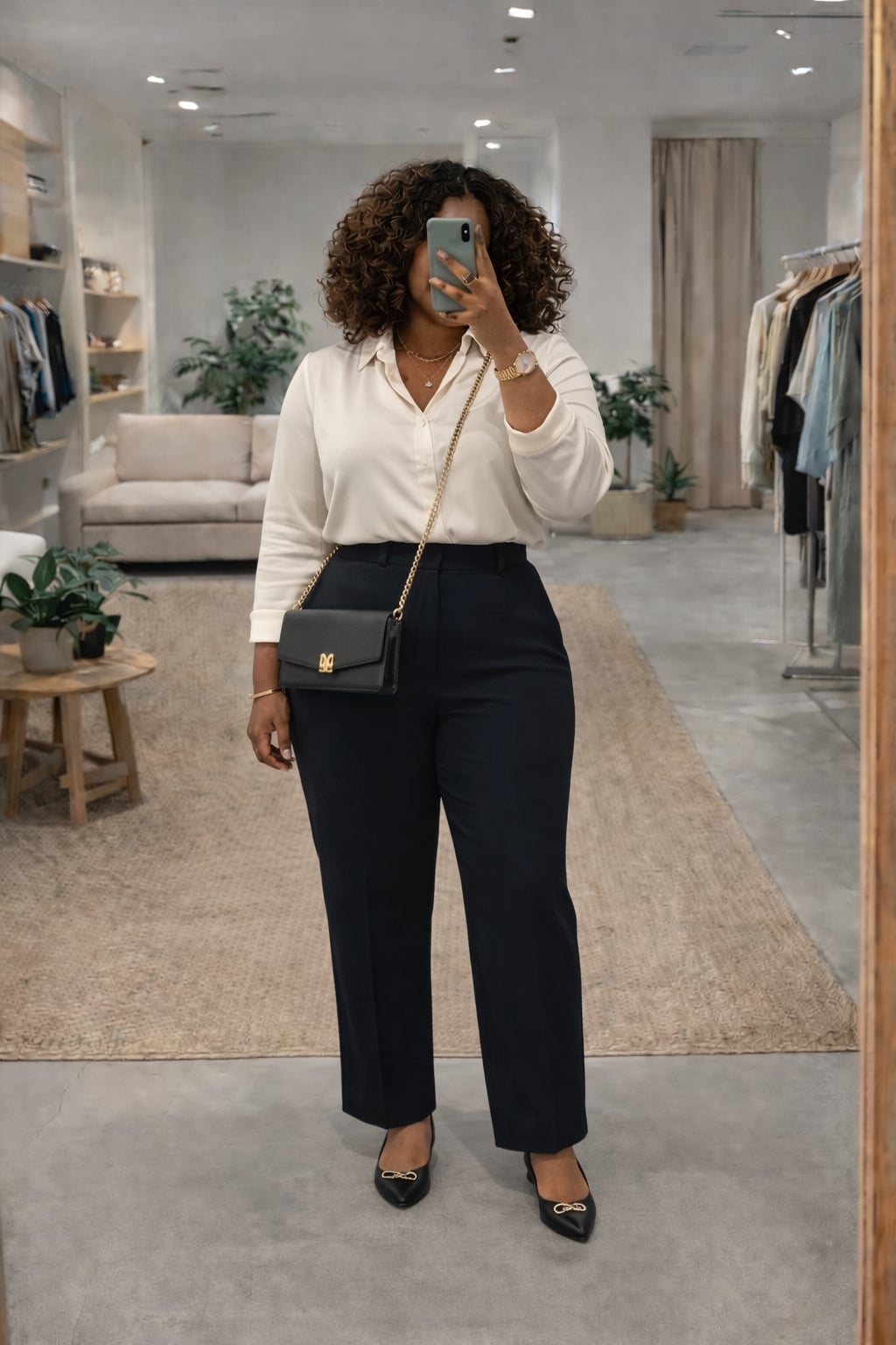 White Silk-Blend Shirt and Navy Trousers White Silk-Blend Shirt and Navy Trousers — Simple Conference Outfits